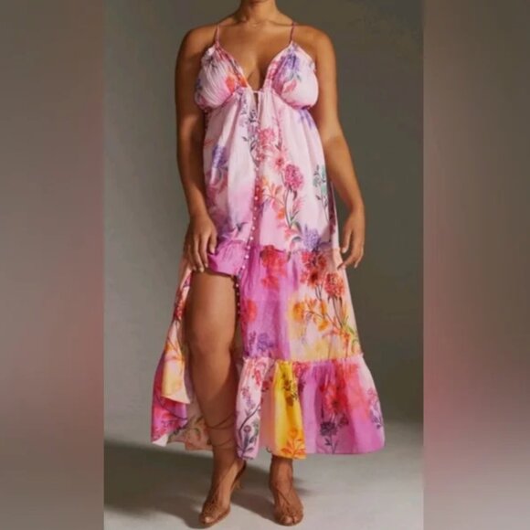 Anthropologie Alissa Tiered Maxi Dress Pink Lined size S - Picture 4 of 9